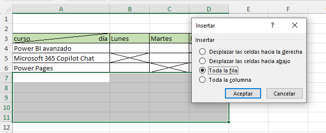 cómo insertar más de una fila