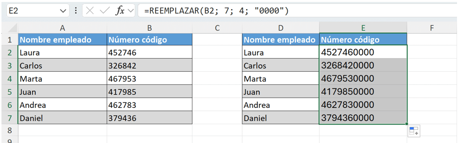 Ejemplo función "REEMPLAZAR" con números