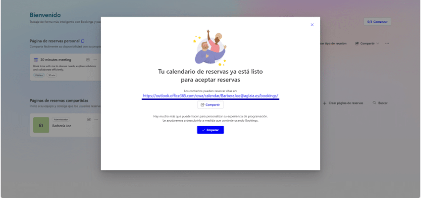 Compartir el enlace de tu página de Micrososft Bookings