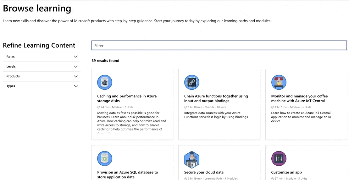 Buscar y filtrar contenidos de Learn