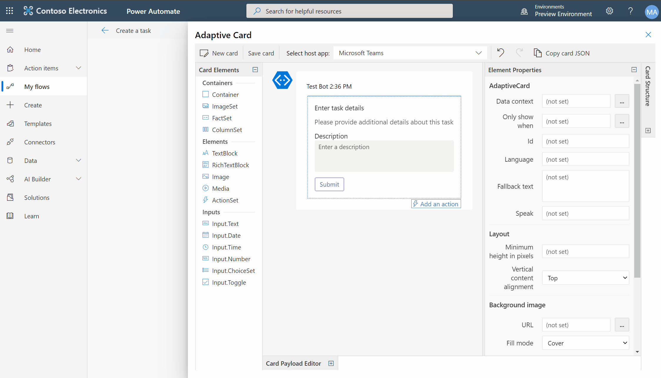 editor de tarjetas de power automate para crear flujos desde mensajes de Teams