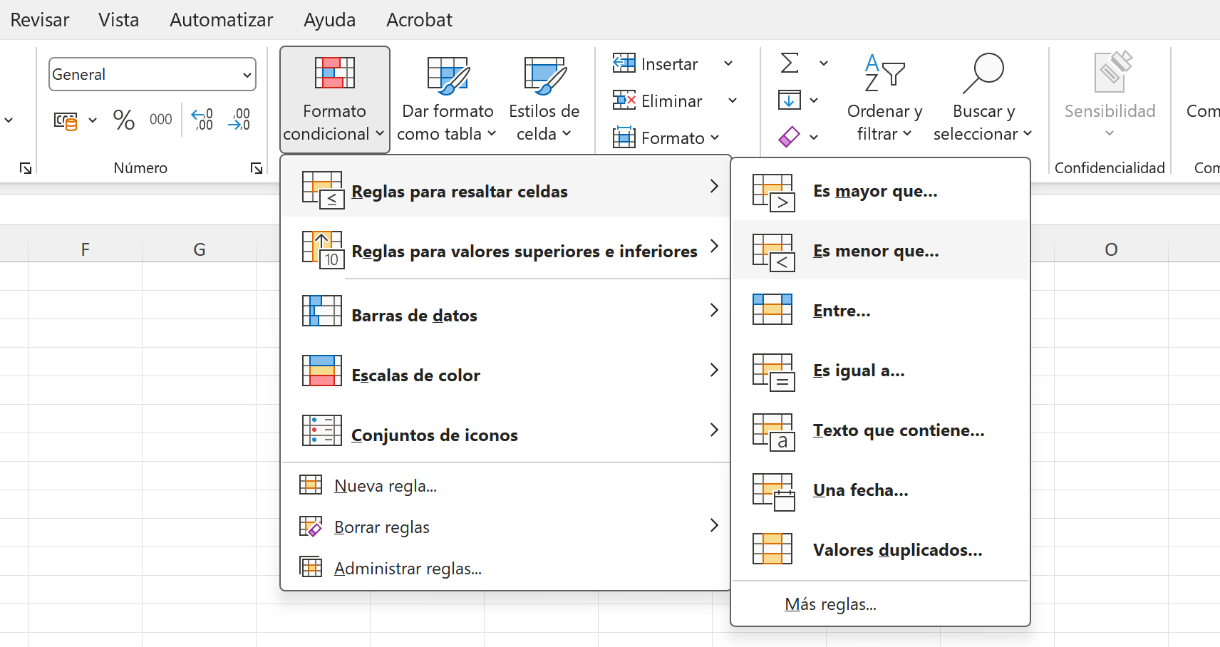 Ejemplo de reglas para resaltar celdas