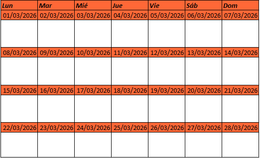 Calendario mensual creado con funciones en Excel con día y fecha