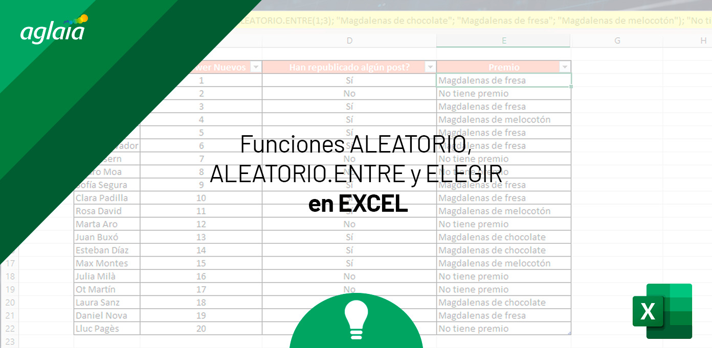 Funciones ALEATORIO, ALEATORIO.ENTRE y ELEGIR en Excel