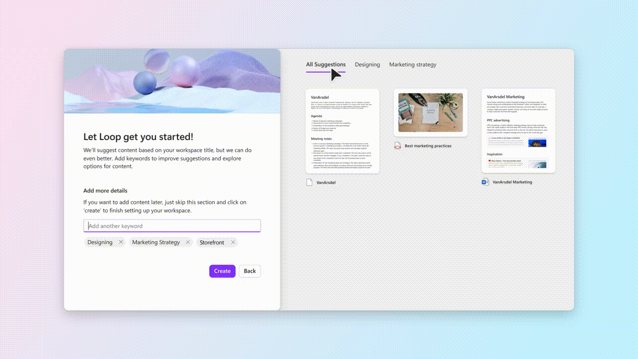 Imagen animada sobre la navegación de Microsoft Loop