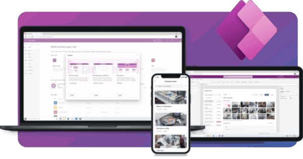 Ordenador, móvil y tablet con el software de Power Apps