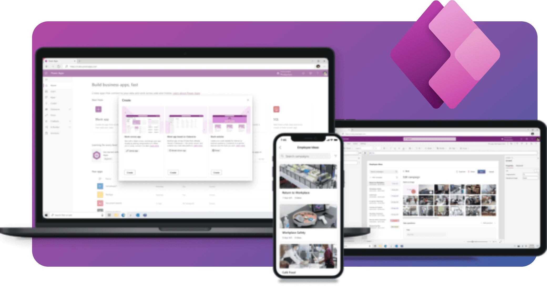 Ordenador, móvil y tablet con el software de Power Apps