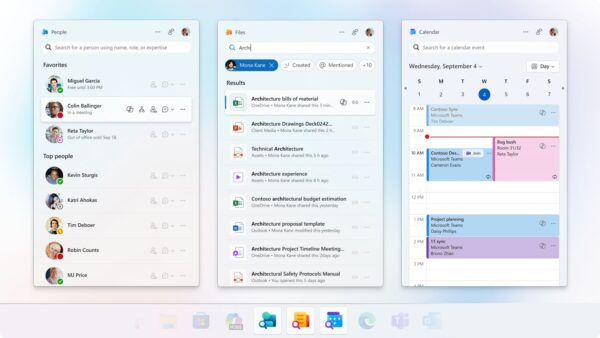 Preview de la interfaz de las nuevas aplicaciones complementarias de Microsoft 365: People, Files y Calendar