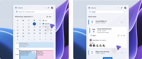 Funcionalidad de vista diaria y semanal y búsqueda de eventos y reuniones contextuales con enlace directo a Teams.