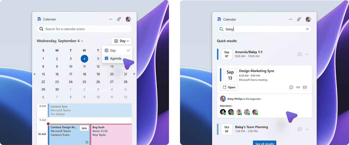 Funcionalidad de vista diaria y semanal y búsqueda de eventos y reuniones contextuales con enlace directo a Teams.