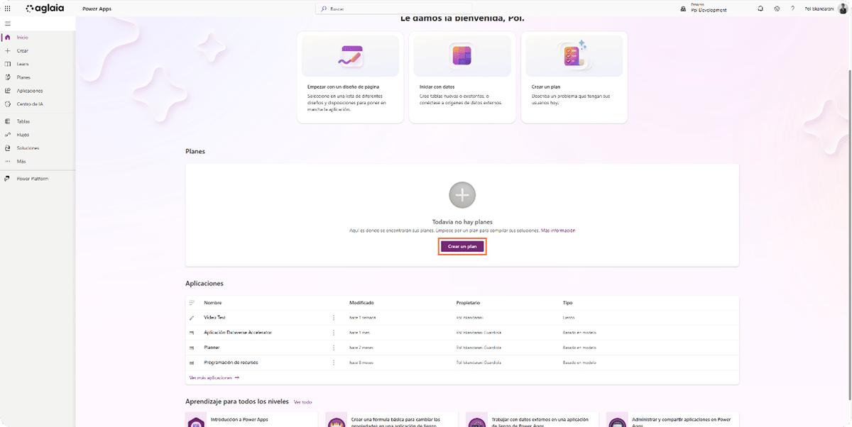 Interfaz de Power Apps Plan Designer para crear planes nuevos.