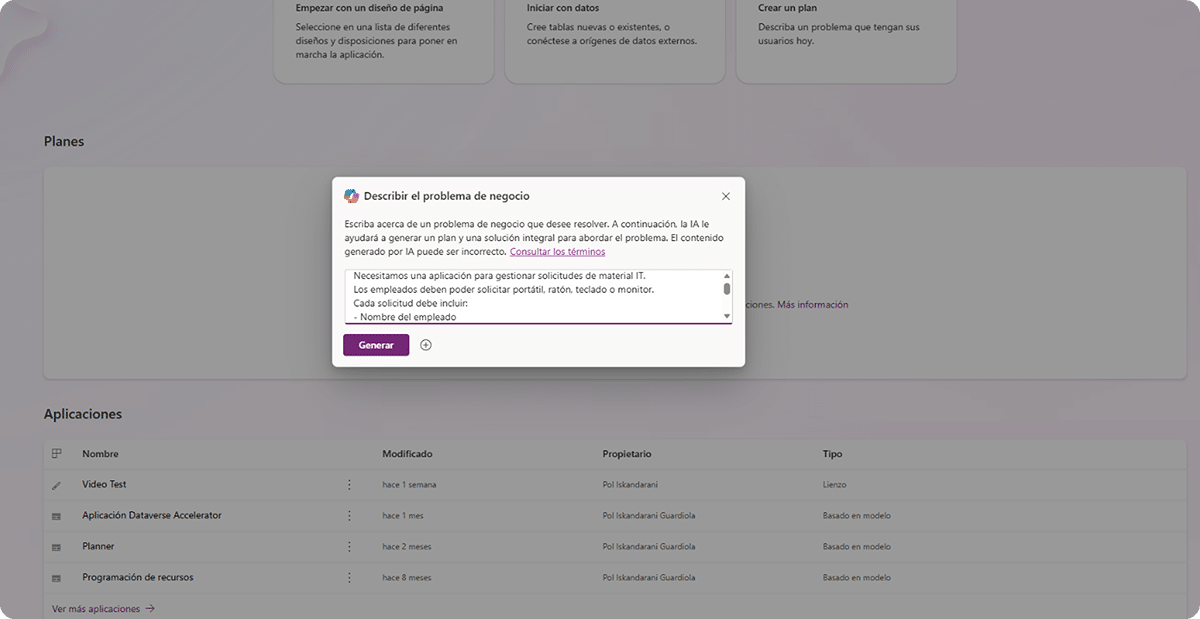 Interfaz "Describir el problema de Negocio" en Plan Designer.