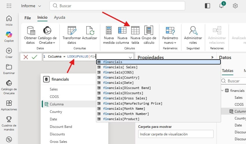 Captura de pantalla usando la función LOOKUPVALUE en Power BI