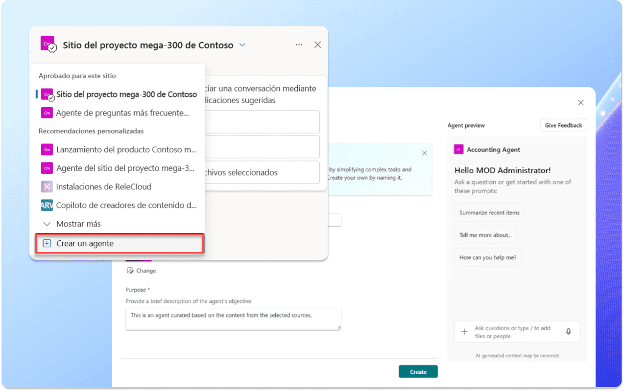 Capturas de pantalla mostrando la interfaz de creación de un agente de Copilot personalizado sobre SharePoint.