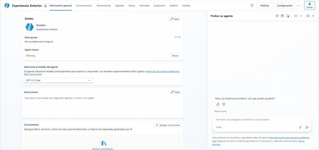 Interfaz de la experiencia clásica del constructor de agentes en Copilot Studio