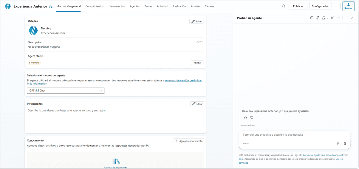Interfaz de la experiencia clásica del constructor de agentes en Copilot Studio