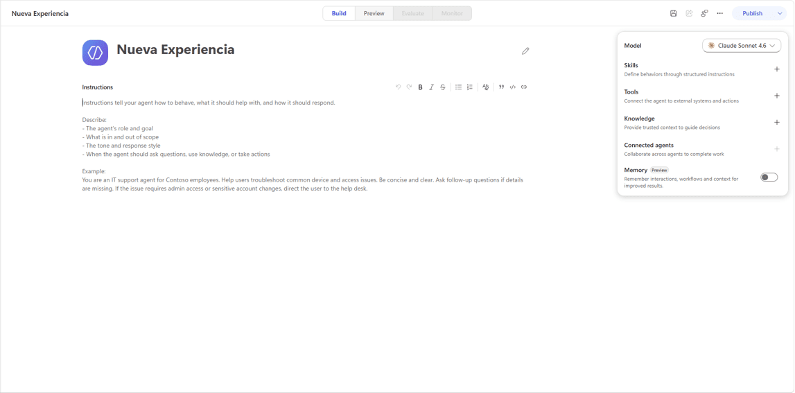 Interfaz de la nueva experiencia del constructor de agentes en Copilot Studio