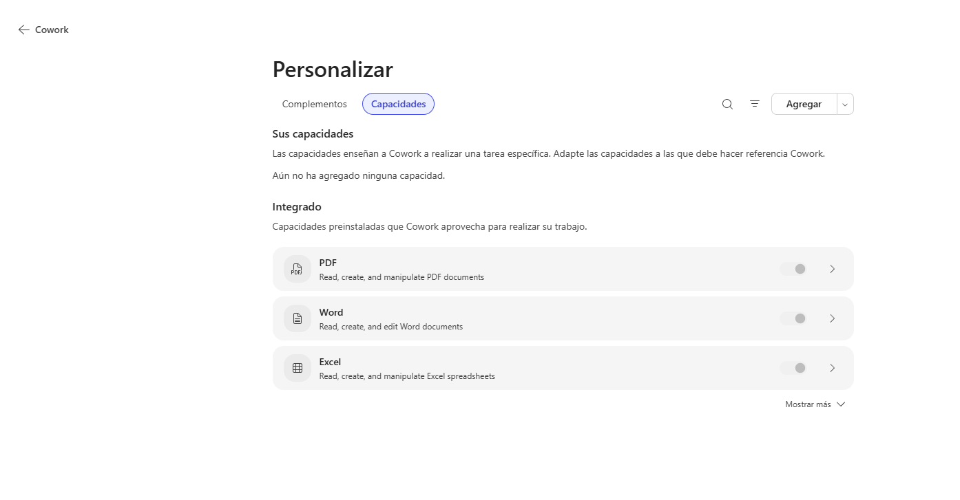 Opción personalizar y crear skills