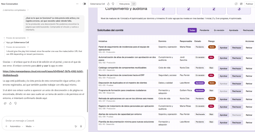 Creación y publicación de una app desde una conversación de Copilot Cowork